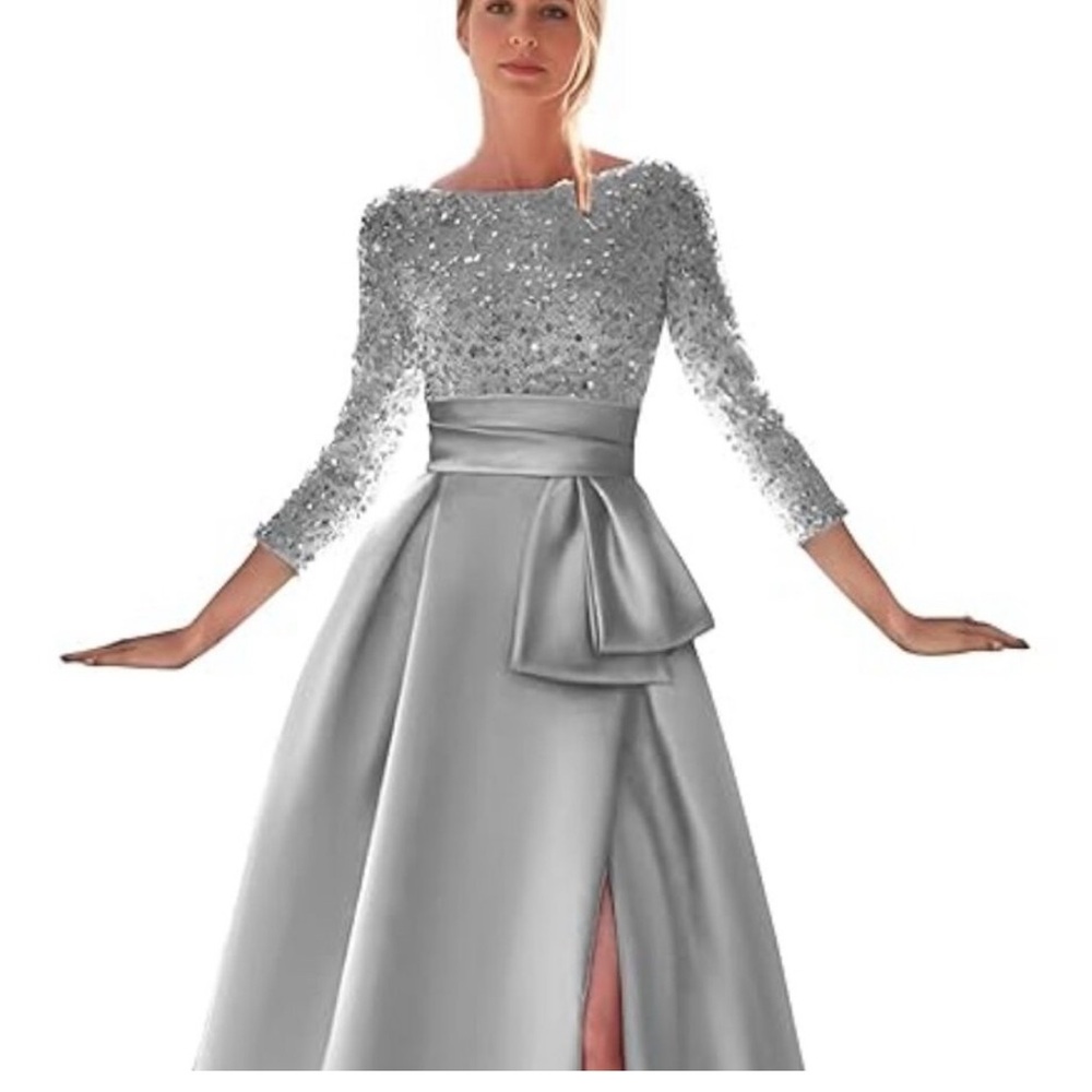 NWT Long Sleeve Sequin Prom Dresses Satin Formal Dress